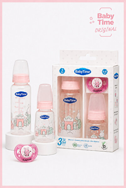 Babytime 3’lü Cam Bebek Biberon Seti 0-6 Ay 250 ml 125 ml ve Silikon Damaklı ...