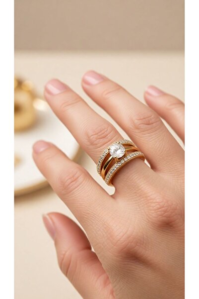 Vipfoni Single Stone Detailed Row of Zircon Stones Promise, Engagement Ring