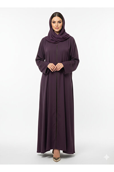 RIZQE Deep Plum Beaded Abaya | Rizqé Luxury Hand-Stitched Linear Trim with Cl...