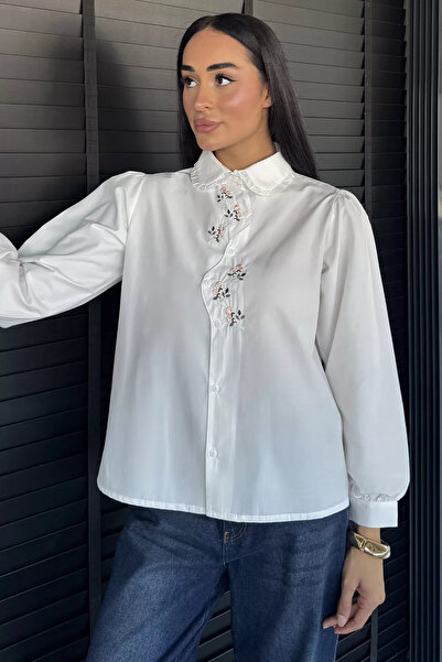 TOZLU Cream Women's Ruffle Collar Floral Embroidered Shirt