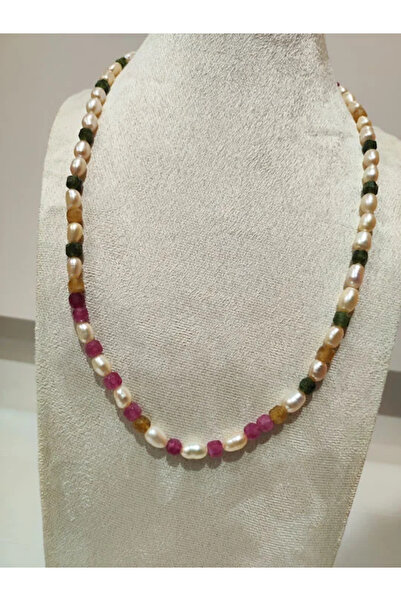 Peach Jewelry Κολιέ Μαργαριτάρια Γλυκού Νερού 6mm & Πολύχρωμες Πέτρες 5mm - 5...