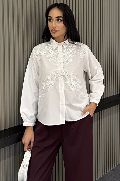 TOZLU Cream Women's Embroidered Long Sleeve Shirt