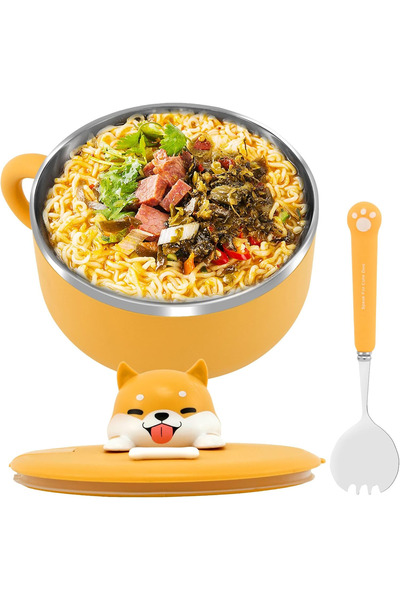Generic Brand Bol tăiței instant cu mâner, bol ramen 1200 ml, capac și lingur...