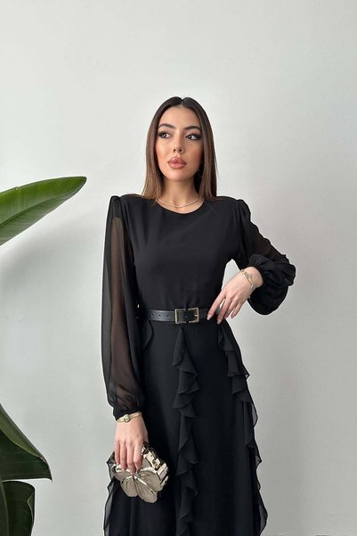 Genel Markalar Siyah Kemerli Şifon Elbise