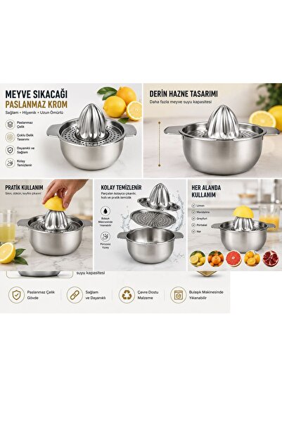 Keyfi Sepet Paslanmaz Krom Manuel Meyve Sıkacağı Hazneli Portakal Limon Nar Narenciye Sıkacağı