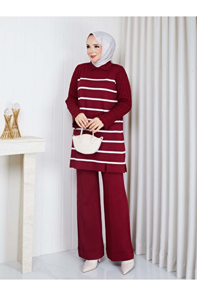 PAVENTİ Knitwear Striped Double Set Burgundy