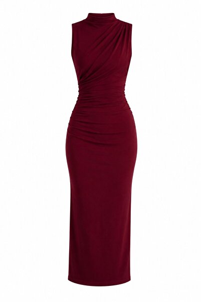 Laluvia Rochie midi drapată, cu șliț, roșu burgundă - 2y4114