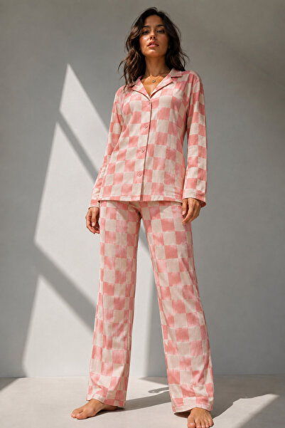 FİT WOMEN Women's Long Sleeve Cotton Pink Pajama Set