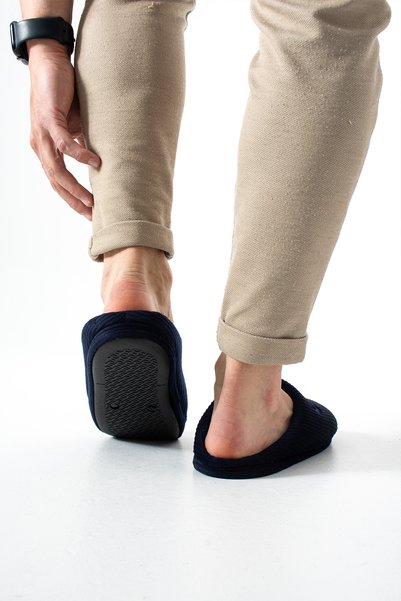 ModaMert Navy Blue Corduroy House Slippers Soundproof Comfortable Wool Slippers