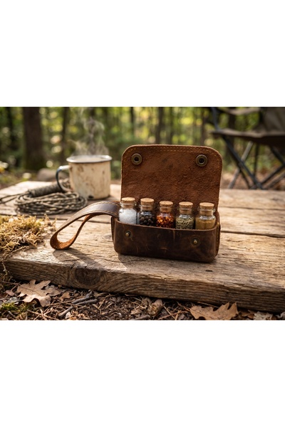 Alfa Deri Hakiki Deri Kamp Baharatlığı - 5 Cam Şişeli Taşınabilir Bushcraft B...