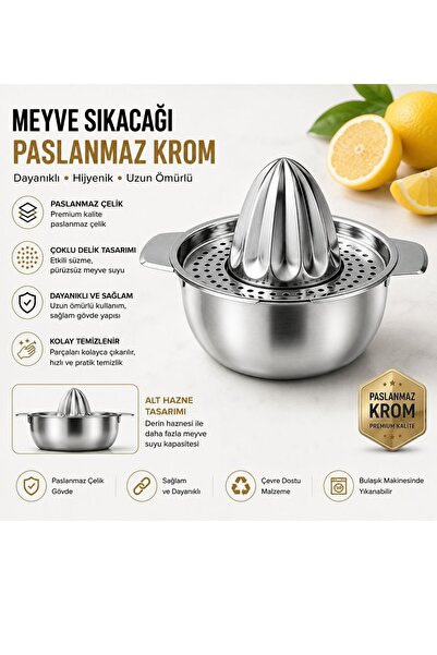 Keyfi Sepet Paslanmaz Krom Manuel Meyve Sıkacağı Hazneli Portakal Limon Nar Narenciye Sıkacağı