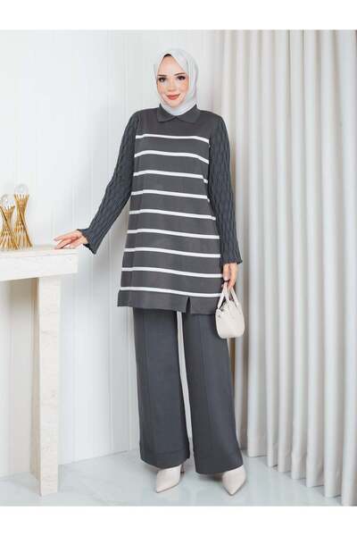 PAVENTİ Knitwear Striped Double Set Gray