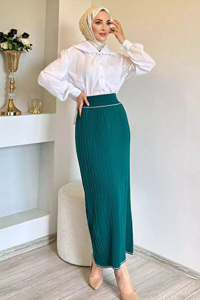 TOZLU Emerald Green Pleated Hijab Knitwear Skirt