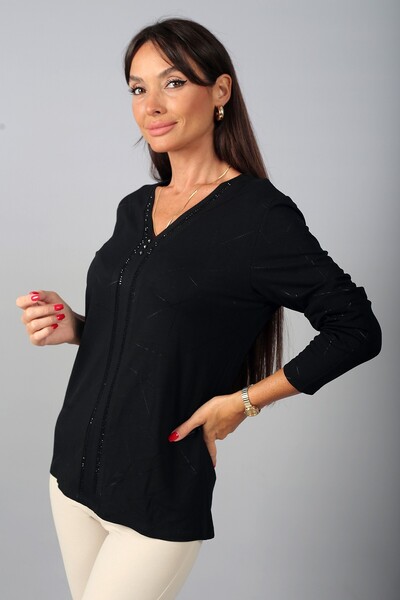 By Saygı Women's V-Neck Long Sleeve Blouse with Laser Stripes on the Front an...