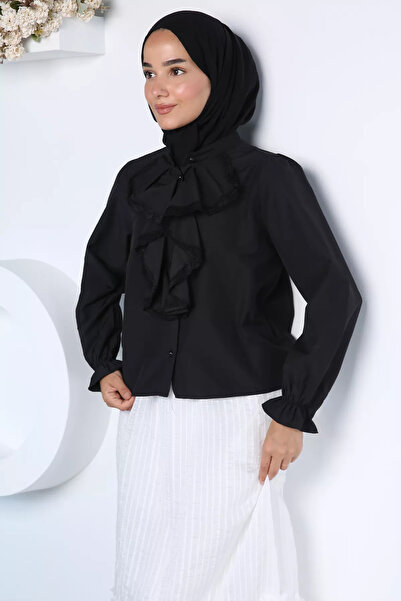 TOZLU Black Ruffle Collar Lace Embroidered Hijab Shirt