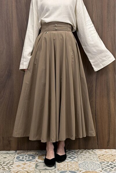 fayaboutique.com Koyu Vizon İki Kemerli Fiorite Poplin Etek