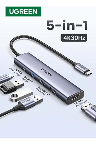 Ugreen محول USB-C مع شحن سريع بقدرة 100 واط، ومنفذ HDMI بدقة 4K@30Hz، ومنفذ U...