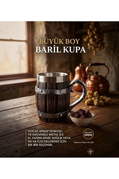 lstri Fıçı şeklinde,ahşap Görünümlü Kulplu Viking Kupası 600 ml Sıcak Soğuk İ...