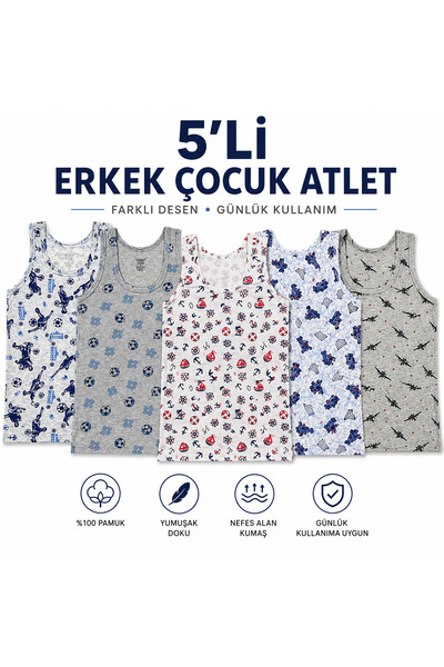 Modare 11-12 yaş 5li erkek çocuk atleti pamuklu iç çamaşır