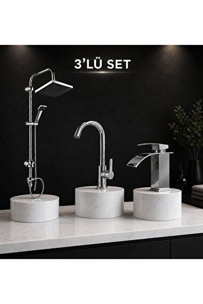 ESHOME ESKAYA 3 Lü Set Şelale lavabo bataryası Mutfak bataryası tepe duş Seti...