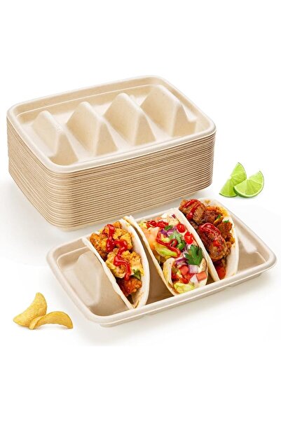 GENERAL 25 PCS Disposable Taco Holders for Party, Bagasse Pulp Fiber Taco Pla...