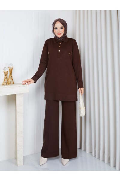 PAVENTİ Knitwear Polo Collar Two-Piece Set with Trousers Brown