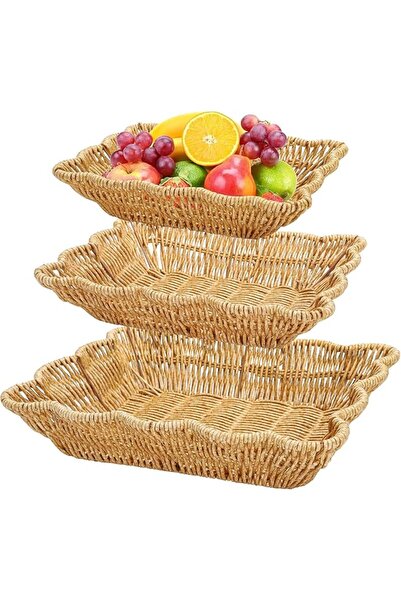Tazweeq 3 Pack Rectangular Wicker Bread Baskets, Polypropylene Hand Woven Fru...