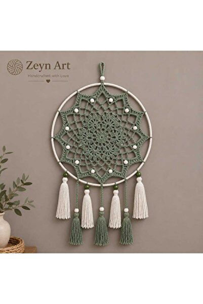 Zeyn Art El Yapımı Makrome Düş Kapanı Yeşil Bohem Duvar Süsü Püsküllü Dekorat...