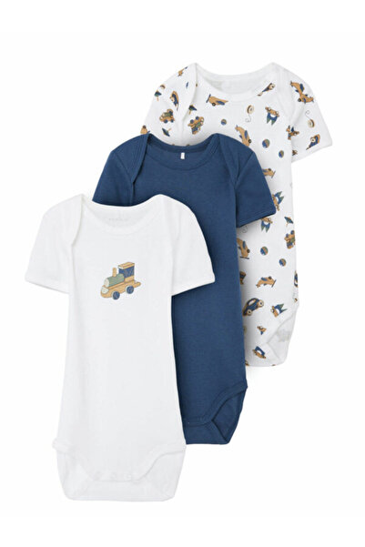 name ıt Set de 3 body-uri din bumbac organic cu mânecă scurtă, Denim închis