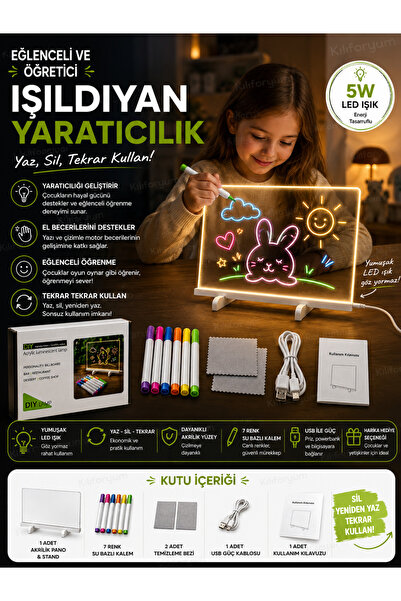 Kılıforyum LED Işıklı Akrilik Yazı ve Çizim Panosu – 7 Renk Kalemli, Silinebi...