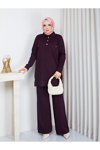 PAVENTİ Knitwear Polo Collar Two-Piece Suit with Trousers Plum