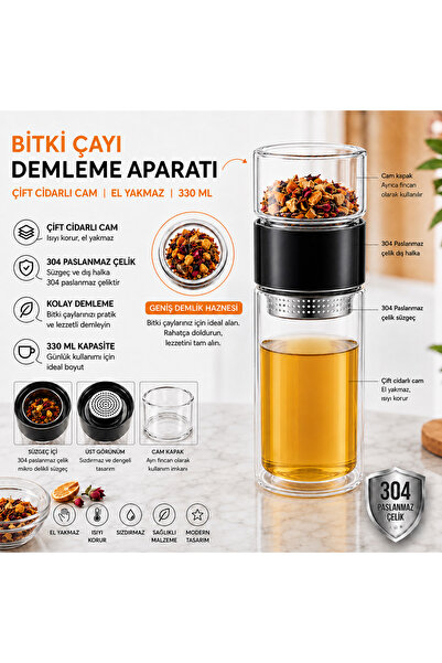 MUZEKO 330ML Çift Katlı El Yakmayan Isıyı İçinde Tutan Cam Bardak Detox Bitki...