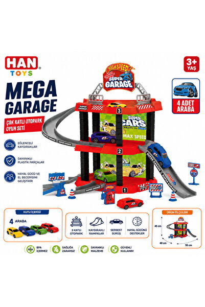 Han toys Mega Garage 3 Katlı Otopark ve Araba Oyun Seti – Rampalı Garaj, 4 Ad...