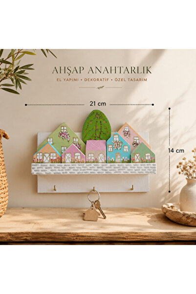 El Yapımı Ahşap Ev Figürlü Anahtarlık | 3 Askılı Dekoratif Duvar Anahtarlığı