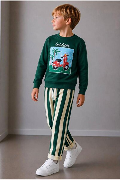 is kids wear Erkek Çocuk California Motor Baskılı Sweatshirt ve Çizgili Eşofm...