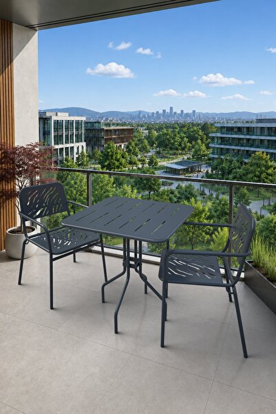 Evdemo Granada 2 Kişilik Metal Bahçe Balkon Mutfak Masa Takımı Antrasit