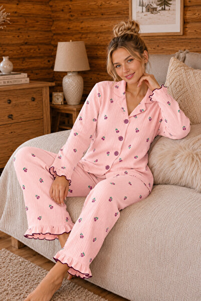 ELİTOL Bürümcük Knitted Long Sleeve Ruffled Floral Patterned Women's Buttoned...