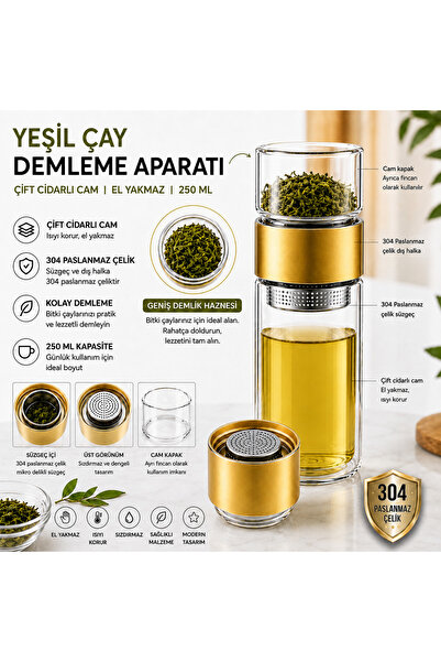 MUZEKO 250ML Çift Katlı El Yakmayan Isıyı İçinde Tutan Cam Bardak Detox Bitki...