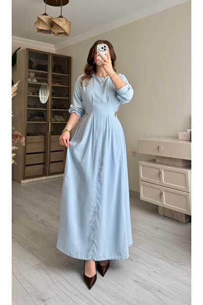 ALICESTORE Gold Toka Detay Gabardin Bel Bağlamalı Maxi Elbise
