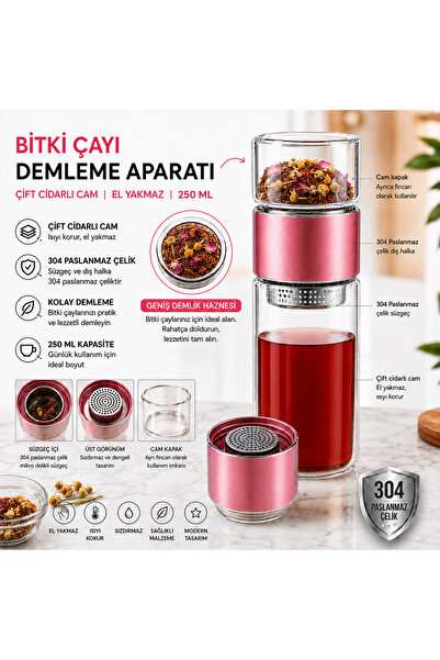 MUZEKO 250ml Çift Katlı El Yakmayan Isıyı İçinde Tutan Cam Bardak Detox Bitki...