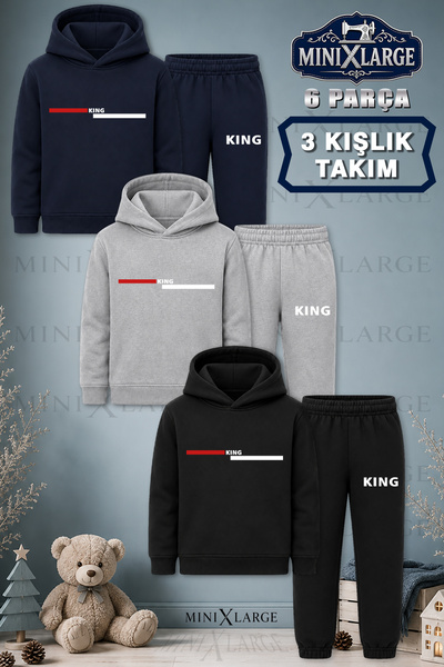 MINIXLARGE 3LU Set Çocuk Unisex King Kirmizi Beyaz Yan Cizgi Baskılı Kapşonlu...
