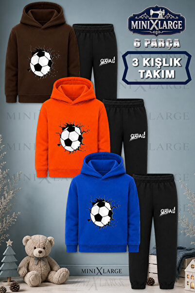 3LU Set Çocuk Unisex Futbol Topu Graft Baskılı Kapşonlu Eşofman Takımı
