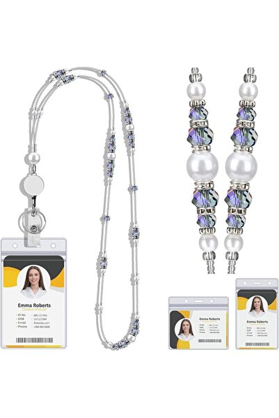 Bukela Pearl Beaded Retractable Lanyard for Women, Elegant Teacher ID Badge H...