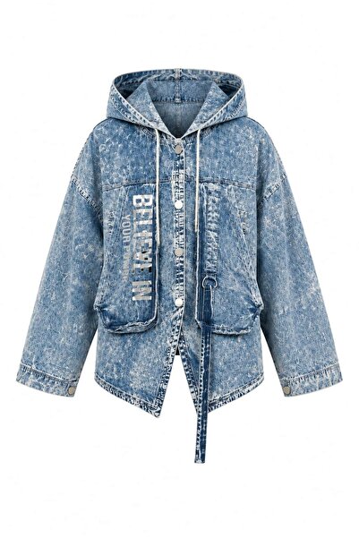 bb butik basic Women's Hooded Oversize Washed Thin Denim Jacket Fk3535