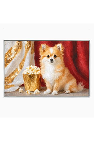 Luxcanva Tablou Canvas Catelus Cu Popcorn 120x80 cm cu Rama Argintiu Catelus ...