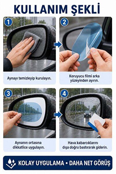 omilife Şeffaf 2'li Oto Yan Ayna Yağmur Kaydırıcı Film Su Tutmaz Buğu Önleyici Görüş Koruyucusu