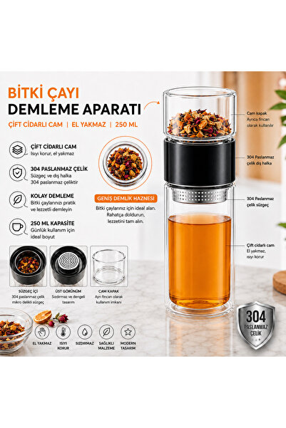 MUZEKO 250ML Çift Katlı El Yakmayan Isıyı İçinde Tutan Cam Bardak Detox Bitki...