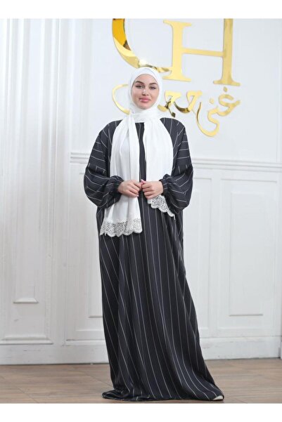 ghina hijab شرشف صلاة غنى حجاب فرسان مخطط طرحة بيضاء - رمادي