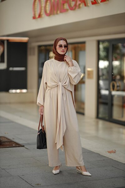 NS Moda Tesettür Çapraz Bağlamalı Tulum Krem-Model 419