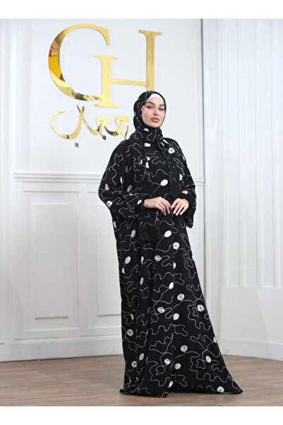 ghina hijab Ghna Prayer Shawl Hijab Embroidered Circles - Black